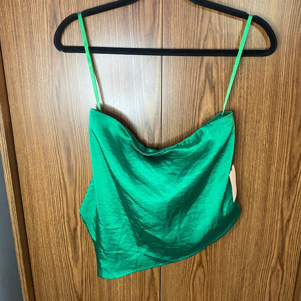 superdown Strapless Top Womens Small Green Satin Handkerchief Hem Cropped